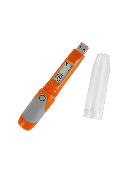 Datalogger USB de temperatura e humidade RC-51H de cores laranja e branco e com tampa transparente