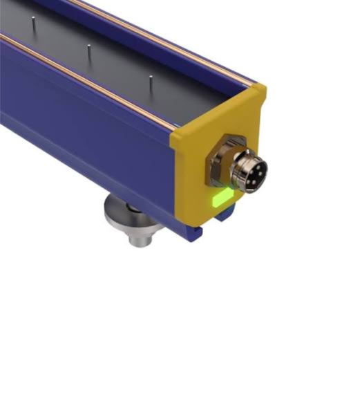 Barras antiestática 24V para neutralização de estática. A carcaça é maioritariamente azul, o material em ambas a extremidades é amarelo e a zona dos bicos de ionização é cinzenta.