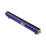 Barras antiestática 24V para neutralização de estática. A carcaça é maioritariamente azul, o material em ambas a extremidades é amarelo e a zona dos bicos de ionização é cinzenta.