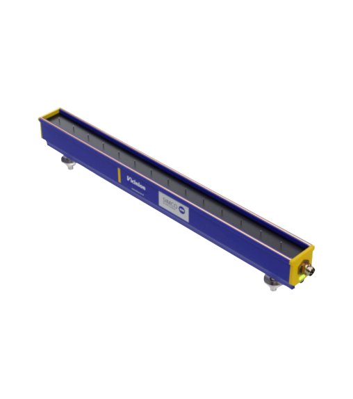 Barras antiestática 24V para neutralização de estática. A carcaça é maioritariamente azul, o material em ambas a extremidades é amarelo e a zona dos bicos de ionização é cinzenta.